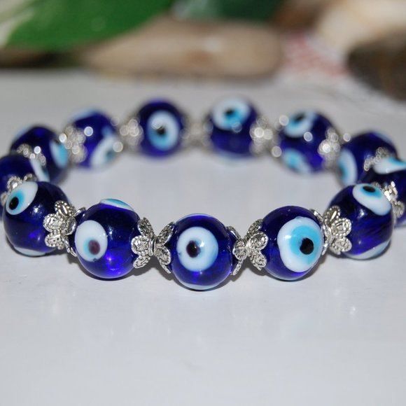 Evil Eye Bracelet,10mm Blue Glass Evil Eye Beads,Good Luck Bracelet,Hamsa - Picture 1 of 3